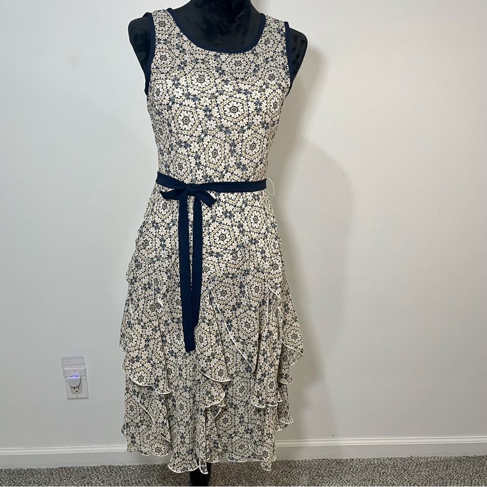 Robbie Bee Cream and Navy Sleeveless Midi Sundress for Weddings